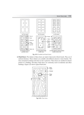 SUPER STRUCTURES 115
P P
P
P
P
P
P
P P
P P
P P
(a) Four panel (b) Five panel (c) Six panel
Top rail
Panel
Frieze rail
Panel
Lock rail
Bottom rail
Frame
Frame
Style
Glass
panel
Lock
roll
Timber
panel
(e) Fully glazed single
shutter door
(f) Partly glazed, partly panelled
double shutter door
(d) Double shuttered
panelled doors
Fig. 8.23. Panelled and lazed doors
4. Flush Doors: The shutters of these doors are made of plywood or block boards. They are of
uniform thickness. These shutters are available with different attractive vineer finishes. The
time consumed in making such doors at site is quite less. These doors are suitable for interior
portion of a building. Nowadays flush doors are commonly used in residential and office
buildings. Figure 8.24 shows typical flush door.
Door
frame
Shutter
Peep
hole
A A
Fig. 8.24. Flush door
 