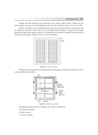 SUPER STRUCTURES 119
Timber, steel and aluminium are commonly used to make window frames. Timber may get
termite attacks, steel may rust but aluminium do not have any such defects. However they are costly.
Shutters of windows may be panelled, glazed or louvered. Louvered windows are generally used
for bathrooms and toilets where vision is not to be allowed but ventilation is required. Lower parts
panelled and upper parts glazed windows are commonly used. Instead of panelled one may think of
using translucent glasses. Figure 8.31 show a louvered windows.
Frame
Fig. 8.31. Louvered window
Window shutters may be fixed, centrally pivoted, sliding type or double hung. Figure 8.32 shows
a typical double hung window.
Meeting rail
B
A
Counter-
weight for
bottom sash
Counter-
weight
for top
sash (T.S)
Elevation
Fig. 8.32. Double hung window
Depending upon the position of windows, they may be classified as:
(a) Casement windows
(b) Bay windows
(c) Corner windows
 