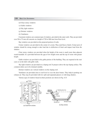 120 BASIC CIVIL ENGINEERING
(d) Clear storey windows
(e) Gable windows
(f) Sky light windows
(g) Dormer windows
(h) Ventilators
Casement windows are common type of windows, provided in the outer walls. They are provided
over 50 to 75 mm sill concrete at a height of 750 to 900 mm from floor level.
Bay windows are provided on the projected portion of walls.
Corner windows are provided in the corner of a room. They need heavy lintels. Corner post of
window should be strong enough to take load due to deflection of lintel and impact load from the
shutters.
Clear storey windows are provided when the height of the room is much more than adjacent
room/varandah. It is provided between the gap of low height room and the top of room with greater
height.
Gable windows are provided in the gable portion of the building. They are required in the stair
cases or in the halls with gable walls.
Sky light windows are provided on a sloping roof. It projects above the top sloping surface. The
common rafters are to be trimmed suitably.
Dormer windows are vertical windows on the sloping roof.
Ventilators are provided close to roof level or over the door frames. They help in pushing out
exhaust air. They may be provided with two split and separated glasses or with hung shutters.
Various type of windows based on their positions are shown in Fig. 8.33
Panel
Intermediate rail
Top rail
Head
Bottom rail
A B
Style
Jamb
post
Frame
Sill
(a) Casement window
Building face line
Frame
Glass
Shutter
60°
Style
Window frameWindow sill
(b) Bay window
 
