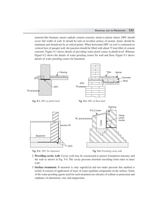 DAMPNESS AND ITS PREVENTION 131
material like bitumen, mastic asphalt, cement concrete, metal or plastic sheets. DPC should
cover full width of wall. It should be laid on levelled surface of mortar. Joints should be
minimum and should not be at critical points. When horizontal DPC on roof is continued on
vertical face of parapet wall, the junction should be filled with about 75 mm fillet of cement
concrete. Figure 9.1 shows details of providing water proof course at plinth level. Whereas
Figure 9.2 shows the details of water proofing course for wall and floor. Figure 9.3 shows
details of water proofing course for basement.
Flooring
GL
Tiles Mortar
Concrete
Brick
DPC
GLDPC
Fig. 9.1. DPC at plinth level Fig. 9.2. DPC at floor level
DPC
GL
Basement
GL
R.C.C cover
Opening
Damp
proof
course
Cavity
Fig. 9.3. DPC for basement Fig. 9.4. Providing cavity wall
2. Providing cavity wall: Cavity wall may be constructed to protect foundation masonry and
the wall as shown in Fig. 9.4. The cavity prevents moisture travelling from outer to inner
wall.
3. Surface treatment: If moisture is only superficial and not under pressure this method is
useful. It consists of application of layer of water repellant compounds on the surface. Some
of the water proofing agents used for such treatment are silicates of sodium or potassium and
sulphates of aluminium, zinc and magnesium.
 