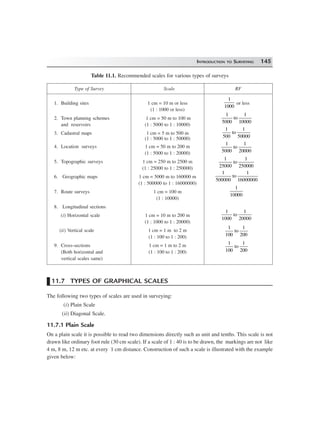 INTRODUCTION TO SURVEYING 145
11.7 TYPES OF GRAPHICAL SCALES
The following two types of scales are used in surveying:
(i) Plain Scale
(ii) Diagonal Scale.
11.7.1 Plain Scale
On a plain scale it is possible to read two dimensions directly such as unit and tenths. This scale is not
drawn like ordinary foot rule (30 cm scale). If a scale of 1 : 40 is to be drawn, the markings are not like
4 m, 8 m, 12 m etc. at every 1 cm distance. Construction of such a scale is illustrated with the example
given below:
Table 11.1. Recommended scales for various types of surveys
Type of Survey Scale RF
1. Building sites 1 cm = 10 m or less
1
1000
or less
(1 : 1000 or less)
2. Town planning schemes 1 cm = 50 m to 100 m
1
5000
to
1
10000
and reservoirs (1 : 5000 to 1 : 10000)
3. Cadastral maps 1 cm = 5 m to 500 m
1
500
to
1
50000(1 : 5000 to 1 : 50000)
4. Location surveys 1 cm = 50 m to 200 m
1
5000
to
1
20000(1 : 5000 to 1 : 20000)
5. Topographic surveys 1 cm = 250 m to 2500 m
1
25000
to
1
250000(1 : 25000 to 1 : 250000)
6. Geographic maps 1 cm = 5000 m to 160000 m
1
500000
to
1
16000000
(1 : 500000 to 1 : 16000000)
7. Route surveys 1 cm = 100 m
1
10000
(1 : 10000)
8. Longitudinal sections
(i) Horizontal scale 1 cm = 10 m to 200 m
1
1000
to
1
20000
(1 : 1000 to 1 : 20000)
(ii) Vertical scale 1 cm = 1 m to 2 m
1
100
to
1
200(1 : 100 to 1 : 200)
9. Cross-sections 1 cm = 1 m to 2 m 1
100
to
1
200(Both horizontal and (1 : 100 to 1 : 200)
vertical scales same)
 