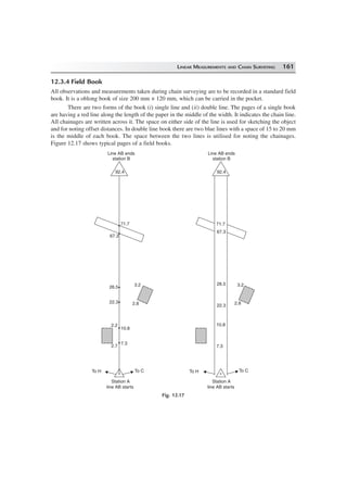 LINEAR MEASUREMENTS AND CHAIN SURVEYING 161
12.3.4 Field Book
All observations and measurements taken during chain surveying are to be recorded in a standard field
book. It is a oblong book of size 200 mm × 120 mm, which can be carried in the pocket.
There are two forms of the book (i) single line and (ii) double line. The pages of a single book
are having a red line along the length of the paper in the middle of the width. It indicates the chain line.
All chainages are written across it. The space on either side of the line is used for sketching the object
and for noting offset distances. In double line book there are two blue lines with a space of 15 to 20 mm
is the middle of each book. The space between the two lines is utilised for noting the chainages.
Figure 12.17 shows typical pages of a field books.
Line AB ends
station B
92.4
71.7
67.3
26.5
22.3
3.2
2.8
10.8
7.3
2.7
2.2
To CTo H
Station A
line AB starts
Line AB ends
station B
92.4
71.7
67.3
3.2
2.8
10.8
7.3
Station A
line AB starts
26.5
22.3
To CTo H
Fig. 12.17
 