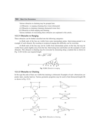 164 BASIC CIVIL ENGINEERING
Various obstacles to chaining may be grouped into:
(i) Obstacles to ranging (chaining free-vision obstructed)
(ii) Obstacles to chaining (chaining obstructed-vision free)
(iii) Obstacles to both ranging and chaining.
Various methods of overcoming these obstacles are explained is this article.
12.5.1 Obstacles to Ranging
These obstacles can be further classified into the following categories:
(a) Both ends of the line are visible from some intermediate points. Intervening ground is an
example of such obstacle. By resorting to reciprocal ranging this difficulty can be overcome.
(b) Both ends of the line may not be visible from intermediate points on the line, but may be
visible from a point slightly away from the line. Intervening trees and bushes are the examples of such
obstacles. This obstacle to chaining may be overcome by measuring along a random line as shown in
Fig. 12.20. In this case required length
EB = EC CB2 2
+
C
EA B
Fig. 12.20. Obstacle to ranging
12.5.2 Obstacles to Chaining
In this type the ends of lines are visible but chaining is obstructed. Examples of such obstructions are
ponds, lakes, marshy land etc. Various geometric properties may be used to find obstructed length CB
as shown in Fig. 12.21.
D E
A C B
D
A C B
D
A C B A C B
D E
F
A C B
D E
F
B
q
CA
E
D
(a) (b)
(c) (d)
(f)(e)
Fig. 12.21. Obstacles to chaining
 