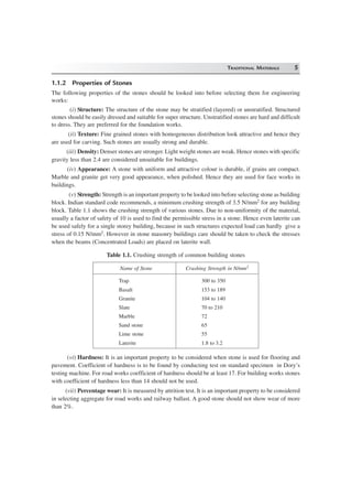 TRADITIONAL MATERIALS 5
1.1.2 Properties of Stones
The following properties of the stones should be looked into before selecting them for engineering
works:
(i) Structure: The structure of the stone may be stratified (layered) or unstratified. Structured
stones should be easily dressed and suitable for super structure. Unstratified stones are hard and difficult
to dress. They are preferred for the foundation works.
(ii) Texture: Fine grained stones with homogeneous distribution look attractive and hence they
are used for carving. Such stones are usually strong and durable.
(iii) Density: Denser stones are stronger. Light weight stones are weak. Hence stones with specific
gravity less than 2.4 are considered unsuitable for buildings.
(iv) Appearance: A stone with uniform and attractive colour is durable, if grains are compact.
Marble and granite get very good appearance, when polished. Hence they are used for face works in
buildings.
(v) Strength: Strength is an important property to be looked into before selecting stone as building
block. Indian standard code recommends, a minimum crushing strength of 3.5 N/mm2 for any building
block. Table 1.1 shows the crushing strength of various stones. Due to non-uniformity of the material,
usually a factor of safety of 10 is used to find the permissible stress in a stone. Hence even laterite can
be used safely for a single storey building, because in such structures expected load can hardly give a
stress of 0.15 N/mm2. However in stone masonry buildings care should be taken to check the stresses
when the beams (Concentrated Loads) are placed on laterite wall.
Table 1.1. Crushing strength of common building stones
Name of Stone Crushing Strength in N/mm2
Trap 300 to 350
Basalt 153 to 189
Granite 104 to 140
Slate 70 to 210
Marble 72
Sand stone 65
Lime stone 55
Laterite 1.8 to 3.2
(vi) Hardness: It is an important property to be considered when stone is used for flooring and
pavement. Coefficient of hardness is to be found by conducting test on standard specimen in Dory’s
testing machine. For road works coefficient of hardness should be at least 17. For building works stones
with coefficient of hardness less than 14 should not be used.
(vii) Percentage wear: It is measured by attrition test. It is an important property to be considered
in selecting aggregate for road works and railway ballast. A good stone should not show wear of more
than 2%.
 