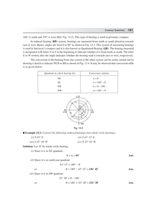 COMPASS SURVEYING 181
180° is south and 270° is west (Ref. Fig. 13.2). This type of bearing is used in prismatic compass.
In reduced bearing (RB) system, bearings are measured from north or south direction towards
east or west. Hence, angles are from 0 to 90° as shown in Fig. 13.3. This system of measuring bearings
is used in Surveyor’s compass and it is also known as Quadrantal Bearing (QB). The bearing measured
is designated with letter N or S in the beginning to indicate whether it is from north or south. The letter
E or W written after the angle indicates whether the bearing read is towards east or west, respectively.
The conversion of the bearing from one system to the other system can be easily carried out by
drawing a sketch to indicate WCB or RB as shown in Fig. 13.4. It may be observed that conversion table
is as given below:
Quadrant in which bearing lies Conversion relation
NE α = θ
SE α = 180° – θ
SW α = θ – 180°
NW α = 360° – θ
W
N
E
S 180
270 90
0
α4
θ4
θ3
θ2
α1
θ1
α2
Fig. 13.4
Example 13.1: Convert the following reduced bearings into whole circle bearings:
(i) N 65° E (ii) S 43° 15′ E
(iii) S 52° 30′ W (iv) N 32° 42′ W
Solution: Let ‘θ’ be whole circle bearing.
(i) Since it is in NE quadrant,
θ = α = 65° Ans.
(ii) Since it is in south east quadrant
43° 15′ = 180° – θ
or θ = 180° – 43° 15′ = 136° 45′ Ans.
(iii) Since it is in SW quadrant
52° 30′ = θ – 180°
or θ = 180° + 52° 30′ = 232° 30′ Ans.
 