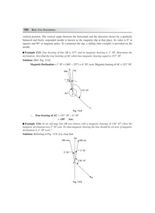 186 BASIC CIVIL ENGINEERING
vertical position. The vertical angle between the horizontal and the direction shown by a perfectly
balanced and freely suspended needle is known as the magnetic dip at that place. Its value is 0° at
equator and 90° at magnetic poles. To counteract the dip, a sliding rider (weight) is provided on the
needle.
Example 13.5: True bearing of line AB is 357° and its magnetic bearing is 1° 30′. Determine the
declination. Also find the true bearing of AC which has magnetic bearing equal to 153° 30′.
Solution: [Ref. Fig. 13.8]
Magnetic Declination = 1° 30′ + (360° – 357°) = 4° 30′, west. Magnetic bearing of AC = 153° 30′.
C
A357°
153° 30¢
1° 30¢
MM TMB
Fig. 13.8
∴ True bearing of AC = 153° 30′ – 4° 30′
= 149° Ans.
Example 13.6: In an old map line AB was drawn with a magnetic bearing of 136° 45′ when the
magnetic declination was 2° 30′ east. To what magnetic bearing the line should be set now, if magnetic
declination is 3° 30′ west ?
Solution: Referring to Fig. 13.9, it is clear that
B
A
3° 30¢
136° 45¢
MM new
TM
2° 30¢
MM old
Fig. 13.9
 