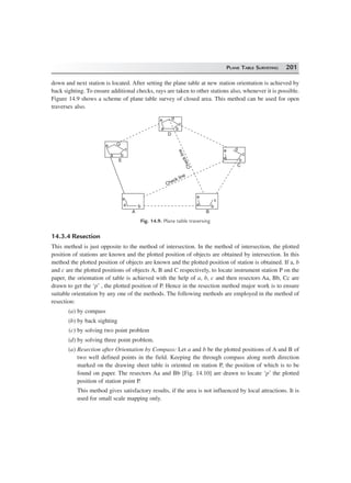 PLANE TABLE SURVEYING 201
down and next station is located. After setting the plane table at new station orientation is achieved by
back sighting. To ensure additional checks, rays are taken to other stations also, whenever it is possible.
Figure 14.9 shows a scheme of plane table survey of closed area. This method can be used for open
traverses also.
e d
c
ba
D
e d
c
ba
C
e
c
ba
B
e
ba
A
e Q
c
ba
E
Checkline
Check line
Fig. 14.9. Plane table traversing
14.3.4 Resection
This method is just opposite to the method of intersection. In the method of intersection, the plotted
position of stations are known and the plotted position of objects are obtained by intersection. In this
method the plotted position of objects are known and the plotted position of station is obtained. If a, b
and c are the plotted positions of objects A, B and C respectively, to locate instrument station P on the
paper, the orientation of table is achieved with the help of a, b, c and then resectors Aa, Bb, Cc are
drawn to get the ‘p’ , the plotted position of P. Hence in the resection method major work is to ensure
suitable orientation by any one of the methods. The following methods are employed in the method of
resection:
(a) by compass
(b) by back sighting
(c) by solving two point problem
(d) by solving three point problem.
(a) Resection after Orientation by Compass: Let a and b be the plotted positions of A and B of
two well defined points in the field. Keeping the through compass along north direction
marked on the drawing sheet table is oriented on station P, the position of which is to be
found on paper. The resectors Aa and Bb [Fig. 14.10] are drawn to locate ‘p’ the plotted
position of station point P.
This method gives satisfactory results, if the area is not influenced by local attractions. It is
used for small scale mapping only.
 