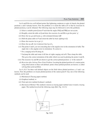 PLANE TABLE SURVEYING 203
Let A and B be two well defined points like lightening conductor or spire of church, the plotted
positions a and b already known. Now the problem is to orient the table at P so that by resection its
plotted position p can be obtained. The following steps may be followed to solve this problems:
(i) Select a suitable point Q near P such that the angles PAQ and PBQ are not accute.
(ii) Roughly orient the table at Q and draw the resectors Aa and Bb to get the point ‘q’.
(iii) Draw the ray qp and locate p1 with estimated distance QP.
(iv) Shift the plane table to P and orient the table by back sighting to Q.
(v) Draw the resector Aa to get ‘p’.
(vi) Draw the ray pB. Let it intersect line bq at b1.
(vii) The points b and b1 are not coinciding due to the angular error in the orientation of table. The
angle bab, is the angular error in orientation. To correct it,
* Fix a ranging rod at R along ab,
* Unclamp the table and rotate it till line ab sights ranging rod at R. Then clamp the table.
This gives the correct orientation of the table which was used in plotting the points A and B.
(viii) The resectors Aa and Bb are drawn to get the correct plotted position ‘p’ of the station P.
(d) Resection after Solving Three Point Problem: Locating the plotted position of a station point
using observations to three well defined points whose plotted positions are known, is called
solving three point problem.
Let A, B, C be three well defined objects on the field whose plotted positions a, b and c are
known. Now the problem is to locate plotted position of the station point P. Any one of the following
methods can be used.
(i) Mechanical (Tracing paper) method,
(ii) Graphical method, or
(iii) Trial and error method (Lehman’s method).
(i) Mechanical Method: This method is known as tracing paper method since it needs a tracing
paper. The method involved the following steps [Ref. Fig. 14.13.]
a
a¢ b b¢
p c
c¢
A B
C
p¢
Fig. 14.13
 