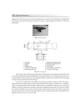 212 BASIC CIVIL ENGINEERING
dumpy level. The telescope rotates in horizontal plane in the socket of the levelling head. A bubble tube
is attached to the top of the telescope. Figure 15.3 shows a typical dumpy level. Plate 15.1 shows its
photograph.
Plate 15.1 Dumpy level
4
3
10
11
12
9
1
2
8
8
9
5
7
6
1. Telescope 7. Bubble tube adjusting screws
2. Eyepiece 8. Diaphragm adjusting screws
3. Shade 9. Focusing screws
4. Objective end 10. Foot screws
5. Longitudinal bubble tube 11. Upper parallel plate (tribrach)
6. Transverse bubble tube 12. Foot plate (Trivet stage)
Fig. 15.3. Dumpy level
Telescope is a tube with object glass and eyepiece. Object glass can be adjusted using the focussing
screw before sighting the graduated staff held on the object. Eyepiece can be adjusted by rotating it to
see that parallel is removed and cross hairs appears distinctly. Eyepiece once adjusted needs no change
as long as the same person takes the readings.
Level tube is a glass tube with slightly curved shape provided over the level tube. The tube is
filled with ether or alcohol leaving a little air gap, which takes the shape of a bubble. The air bubble is
always at the highest point. The level tube is fixed with its axis parallel to telescope tube, so that when
bubble is centred, the telescope is horizontal. The tube is graduated on either side of its centre to estimate
how much the bubble is out of centre. The glass tube is placed inside a brass tube which is open from
top and on lower side it is fixed to telescope tube by means of capston headed nuts. The bubble tube is
adjusted with these nuts, if it is out of order.
 