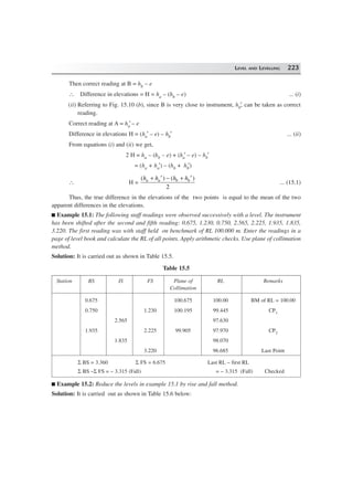 LEVEL AND LEVELLING 223
Then correct reading at B = hb – e
∴ Difference in elevations = H = ha – (hb – e) ... (i)
(ii) Referring to Fig. 15.10 (b), since B is very close to instrument, hb′, can be taken as correct
reading.
Correct reading at A = ha′ – e
Difference in elevations H = (ha′ – e) – hb′ ... (ii)
From equations (i) and (ii) we get,
2 H = ha – (hb – e) + (ha′ – e) – hb′
= (ha + ha′) – (hb + hb′)
∴ H =
( ) ( )h h h ha a b b+ ′ − + ′
2
... (15.1)
Thus, the true difference in the elevations of the two points is equal to the mean of the two
apparent differences in the elevations.
Example 15.1: The following staff readings were observed successively with a level. The instrument
has been shifted after the second and fifth reading: 0.675, 1.230, 0.750, 2.565, 2.225, 1.935, 1.835,
3.220. The first reading was with staff held on benchmark of RL 100.000 m. Enter the readings in a
page of level book and calculate the RL of all points. Apply arithmetic checks. Use plane of collimation
method.
Solution: It is carried out as shown in Table 15.5.
Table 15.5
Station BS IS FS Plane of RL Remarks
Collimation
0.675 100.675 100.00 BM of RL = 100.00
0.750 1.230 100.195 99.445 CP1
2.565 97.630
1.935 2.225 99.905 97.970 CP2
1.835 98.070
3.220 96.685 Last Point
Σ BS = 3.360 Σ FS = 6.675 Last RL – first RL
Σ BS –Σ FS = – 3.315 (Fall) = – 3.315 (Fall) Checked
Example 15.2: Reduce the levels in example 15.1 by rise and fall method.
Solution: It is carried out as shown in Table 15.6 below:
 