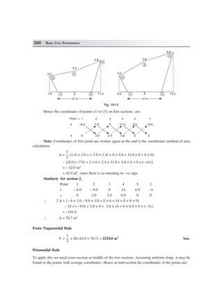 260 BASIC CIVIL ENGINEERING
2.4
3
4
4.8
2.0
7.0 1 5 11.0
2
0
12 m12 m
3.8
3
4
6.0
3.0
9.0 1 14.00
2
12 m12 m
5
Fig. 18.12
Hence the coordinates of points (1) to (5) on first sections are:
x
y
–6.0
0
–7.0
2.0
0
2.4
11.0
4.8
6.0
0
–6.0
0
Point → 1 2 3 4 5 1
Note: Coordinates of first point are written again at the end is the coordinates method of area
calculation.
A =
1
2
[{–6 × 2.0 + (–7.0 × 2.4) + 0 × 4.8 + 11.0 × 0 + 6 × 0}
– {(0.0) (–7.0) + 2 × 0 + 2.4 × 11.0 + 4.8 × 6 + 0 × (– 6)}]
= – 42.0 m2
= 42.0 m2, since there is no meaning in –ve sign.
Similarly for section 2,
Point 1 2 3 4 5 1
x – 6.0 – 9.0 0 14 6.0 – 6
y 0 3.0 3.8 6.0 0 0
∴ 2 A = {– 6 × 3.0 – 9.0 × 3.8 + 0 × 6 + 14 × 0 + 6 × 0}
– {0 × (– 9.0) + 3.0 × 0 + 3.8 × 14 + 6 × 6.0 × 0 × (– 6)}
= –141.4
∴ A = 70.7 m2
From Trapezoidal Rule
V =
1
2
× 40 (42.0 + 70.7) = 2254.0 m3 Ans.
Prismoidal Rule
To apply this we need cross-section at middle of the two sections. Assuming uniform slope, it may be
found as the points with average coordinates. Hence at mid-section the coordinates of the points are:
 