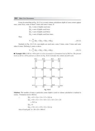 262 BASIC CIVIL ENGINEERING
It may be noted that in Fig. 18.13 (a), in total volume calculations depth of some corners appear
once, some twice, some of them 3 times and some 4 times. If
Σh1 = some of depths used once
Σh2 = sum of depths used twice
Σh3 = sum of depths used thrice
Σh4 = sum of depths used four times.
Then
V =
A
4
(Σh1 + 2Σh2 + 3Σh3 + 4Σh4) ...(18.12)
Similarly in Fig. 18.13 (b), sum depths are used once, some 2 times, some 3 times and some
others 6 times. Defining hi same as above.
V =
A
3
(Σh1 + 2Σh2 + 3Σh3 + 6Σh6) ...(18.13)
Example 18.8: A 60 m × 60 m plot is to be excavated to a formation level of 80.0 m. The present
levels at 20 m × 20 m grid are as shown in Fig. 18.14. Calculate the volume of earth work.
1 2 2 1
2
4
1221
2 4 4 2
4 4
84.5 84.8 85.2 85.4
84.6
83.8
83.481.5
82.2
83.4 83.8 84.1
82.9 83.6
82.4 82.8
Fig. 18.14
Solution: The number of times a particular corner depth is used in volume calculation is marked in
circles. Formation level is 80.0 m.
∴ Σh1 = 4.5 + 5.4 + 3.4 + 1.5 = 14.8 m
Σh2 = 4.8 + 5.2 + 3.4 + 4.6 + 2.2 + 3.8 + 2.4 + 2.8
= 29.2 m
Σh3 = 0
Σh4 = 3.8 + 4.1 + 2.9 + 3.6 = 14.4 m
Area of each grid, A = 20 × 20 = 400 m2.
 