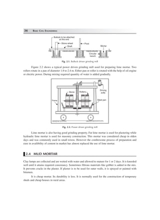 36 BASIC CIVIL ENGINEERING
Bullock to be attached
at this end
Stone wheel
Shaft
Pivot
Circular
trench
Mortar
LG
Fig. 2.1. Bullock driven grinding mill
Figure 2.2 shows a typical power driven grinding mill used for preparing lime mortar. Two
rollers rotate in a pan of diameter 1.8 to 2.4 m. Either pan or roller is rotated with the help of oil engine
or electric power. During mixing required quantity of water is added gradually.
+ +
RollersStone
Steel pan
Driving
pully
Frame
Fig. 2.2. Power driven grinding mill
Lime mortar is also having good grinding property. Fat lime mortar is used for plastering while
hydraulic lime mortar is used for masonry construction. This mortar was considered cheap in olden
days and was commonly used in small towns. However the combersome process of preparation and
ease in availibility of cement in market has almost replaced the use of lime mortar.
2.4 MUD MORTAR
Clay lumps are collected and are wetted with water and allowed to mature for 1 or 2 days. It is kneeded
well until it attains required consistancy. Sometimes fibrous materials like gobber is added in the mix.
It prevents cracks in the plaster. If plaster is to be used for outer walls, it is sprayed or painted with
bitumen.
It is cheap mortar. Its durability is less. It is normally used for the construction of temporary
sheds and cheap houses in rural areas.
 