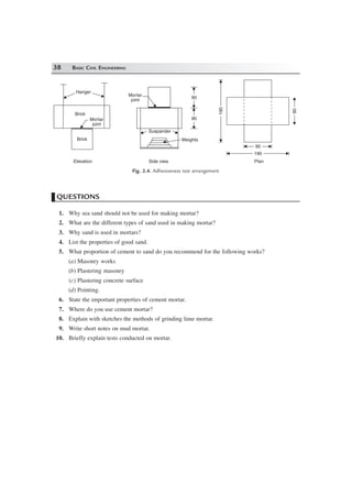38 BASIC CIVIL ENGINEERING
Brick
Brick
Mortar
joint
Hanger
Elevation
Mortar
joint
Suspander
Weights
9090
9090
Side view
9090
190190
9090
190190
Plan
Fig. 2.4. Adhesiveness test arrangement
QUESTIONS
1. Why sea sand should not be used for making mortar?
2. What are the different types of sand used in making mortar?
3. Why sand is used in mortars?
4. List the properties of good sand.
5. What proportion of cement to sand do you recommend for the following works?
(a) Masonry works
(b) Plastering masonry
(c) Plastering concrete surface
(d) Pointing.
6. State the important properties of cement mortar.
7. Where do you use cement mortar?
8. Explain with sketches the methods of grinding lime mortar.
9. Write short notes on mud mortar.
10. Briefly explain tests conducted on mortar.
 