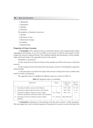 44 BASIC CIVIL ENGINEERING
1. Workability
2. Segregation
3. Bleeding
4. Harshness.
The properties of hardened concrete are:
1. Strength
2. Resistance to wear
3. Dimensional changes
4. Durability
5. Impermeability.
Properties of Green Concrete
1. Workability: This is defined as the ease with which concrete can be compacted fully without
seggregating and bleeding. It can also be defined as the amount of internal work required to fully
compact the concrete to optimum density. The workability depends upon the quantity of water, grading,
shape and the percentage of the aggregates present in the concrete.
Workability is measured by
(a) The slump observed when the frustum of the standard cone filled with concrete is lifted and
removed.
(b) The compaction factor determined after allowing the concrete to fall through the compaction
testing machine.
(c) The time taken in seconds for the shape of the concrete to change from cone to cylinder when
tested in Vee-Bee consistometer.
The suggested values of workability for different works are as shown in Table 3.2.
Table 3.2. Suggested values of workability
Application Slump Compaction Time in
Factor Vee-Bee
1. Concreting of shallow sections with vibrations — 0.75 – 0.80 10 – 20
2. Concreting of light reinforced sections with vibrators — 0.80 – 0.85 5 – 10
3. Concreting of lightly reinforced sections without 25 – 75 mm 0.85 – 0.92 2 – 5
vibrations and heavily reinforced sections with vibrations
4. Concreting of heavily reinforced sections without 75 – 125 mm More than 0.92 —
vibration
2. Segregation: Separation of coarse particles from the green concrete is called segregation.
This may happen due to lack of sufficient quantity of finer particles in concrete or due to throwing of the
 