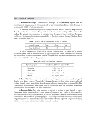 46 BASIC CIVIL ENGINEERING
2. Dimensional Change: Concrete shrinks with age. The total shrinkage depends upon the
constituents of concrete, size of the member and the environmental conditions. Total shrinkage is
approximately 0.0003 of original dimension.
The permanent dimension change due to loading over a long period is termed as creep. Its value
depends upon the stress in concrete, the age of the concrete at the time of loading and the duration of the
loading. The ultimate creep strain may be estimated from the values of creep coefficient. The creep
coefficient is defined as ultimate creep strain divided by the elastic strain at the age of loading. These
values are listed in Table 3.5.
Table 3.5. Creep coefficient based on the age of loading
Age of Loading 7 days 28 days 1 year
Creep Coefficient 2.2 1.6 1.1
The size of concrete may change due to thermal expansion also. The coefficient of thermal
expansion depends upon the nature of cement, the type of aggregates, cement content, relative humidity
and the size of the sections of the structural elements. Table 3.6 shows the coefficient of thermal expansion
of concrete with different types of aggregates.
Table 3.6. Coefficient of thermal expansion
Type of Aggregate Coefficient of Thermal Expansion/C°
1. Quartzite (1.2 to 1.3) × 10– 5
2. Sand stone (0.9 to 1.2) × 10– 5
3. Granite (0.7 to 0.95) × 10– 5
4. Basalt (0.8 to 0.95) × 10– 5
3. Durability: Environmental forces such as weathering, chemical attack, heat, freezing and
thawing try to destroy concrete. The period of existance of concrete without getting adversely affected
by these forces is known as durability. Generally dense and strong concretes have better durability. The
cube crushing strength alone is not a reliable guide to the durability. Concrete should have an adequate
cement content and should have low water cement ratio.
4. Impermeability: This is the resistance of concrete to the flow of water through its pores.
Excess water during concreting leaves a large number of continuous pores leading to the permeability.
Since the permeability reduces the durability of concrete, it should be kept very low by using low water
cement ratio, dense and well graded aggregates, good compaction and continuous curing at low
temperature conditions. The cement content used should be sufficient to provide adequate workability
with low water cement ratio and the available compaction method.
 