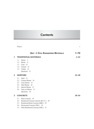 Contents
Preface v
UNIT - I: CIVIL ENGINEERING MATERIALS 1–70
1 TRADITIONAL MATERIALS 3–32
1.1 Stones 3
1.2 Bricks 11
1.3 Lime 16
1.4 Cement 18
1.5 Timber 23
Questions 31
2 MORTARS 33–38
2.1 Sand 33
2.2 Cement Mortar 34
2.3 Lime Mortar 35
2.4 Mud Mortar 36
2.5 Special Mortar 37
2.6 Tests on Mortar 37
Questions 38
3 CONCRETE 39–54
3.1 Plain Concrete 39
3.2 Reinforced Cement Concrete (R.C.C.) 49
3.3 Reinforced Brick Concrete (RBC) 50
3.4 Prestressed Concrete (PSC) 50
3.5 Fibre-Reinforced Concrete (FRC) 51
 
