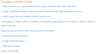 Examples of Public Cloud
• Public cloud services are provided by Amazon, Google, Microsoft, IBM, Oracle, and others.
• Google Cloud Platform public cloud infrastructure is a part of google cloud storage public services.
• Gmail, Google Drive are examples of public cloud services.
For example, an email account is secured by its password, and the hardware over which it is stored is shared by
millions of people.
various services provided by public cloud companies in the market:
• Microsoft Azure ExpressRoute
• Google Cloud Interconnect
• AWS Direct Connect
• Blue cloud by IBM
 