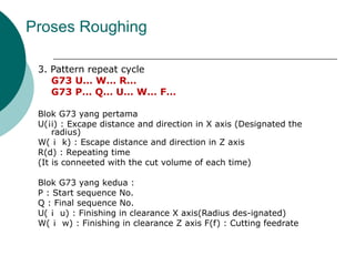 3. Pattern repeat cycle
G73 U… W… R…
G73 P… Q… U… W… F…
Blok G73 yang pertama
U(¡i) : Excape distance and direction in X axis (Designated the
radius)
W( ¡ k) : Escape distance and direction in Z axis
R(d) : Repeating time
(It is conneeted with the cut volume of each time)
Blok G73 yang kedua :
P : Start sequence No.
Q : Final sequence No.
U( ¡ u) : Finishing in clearance X axis(Radius des-ignated)
W( ¡ w) : Finishing in clearance Z axis F(f) : Cutting feedrate
Proses Roughing
 