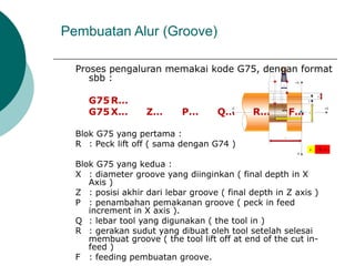 Pembuatan Alur (Groove)
Proses pengaluran memakai kode G75, dengan format
sbb :
G75R…
G75X… Z… P… Q… R… F…
Blok G75 yang pertama :
R : Peck lift off ( sama dengan G74 )
Blok G75 yang kedua :
X : diameter groove yang diinginkan ( final depth in X
Axis )
Z : posisi akhir dari lebar groove ( final depth in Z axis )
P : penambahan pemakanan groove ( peck in feed
increment in X axis ).
Q : lebar tool yang digunakan ( the tool in )
R : gerakan sudut yang dibuat oleh tool setelah selesai
membuat groove ( the tool lift off at end of the cut in-
feed )
F : feeding pembuatan groove.
 