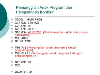  O0001 ; MAIN PROG
 G17 G21 G80 M23
 G28 G91 ZO
 G28 G91 X0 Y0
 G90 G54 X0 Y0 Z50. (Posisi awal dan akhir dari proses
kontouring)
 M3 S1000
 G1 Z0. F200
 M98 P13 (Pemanggilan anak program 1 tanpa
pengulangan)
 M98 P12 L5 (Pemanggilan anak program 2 dengan
pengulangan 5X)
 G28 G91 Z0
 M30
 ØCUTTER 10
Pemanggilan Anak Program dan
Pengulangan Kontour
 