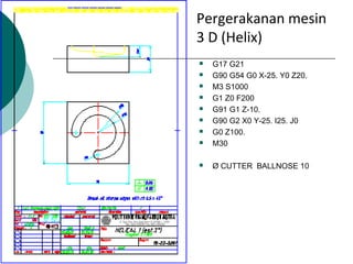  G17 G21
 G90 G54 G0 X-25. Y0 Z20.
 M3 S1000
 G1 Z0 F200
 G91 G1 Z-10.
 G90 G2 X0 Y-25. I25. J0
 G0 Z100.
 M30
 Ø CUTTER BALLNOSE 10
Pergerakanan mesin
3 D (Helix)
 