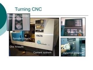 Turning CNC
Regulator spindle
dan tailstock
Spindle (chuck)
Panel monitor
External program
Turret
Olie hiraulik
Coolant system
 