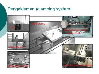 Pengekleman (clamping system)
Vice
Step clamp
Side clamp
Jig & Fixture with
pneumatic
Step block clamp Jig & Fixture in turning
 
