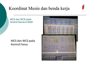 MCS dan WCS pada
Kontrol Siemens 802D
MCS dan WCS pada
Kontrol Fanuc
Koordinat Mesin dan benda kerja
 