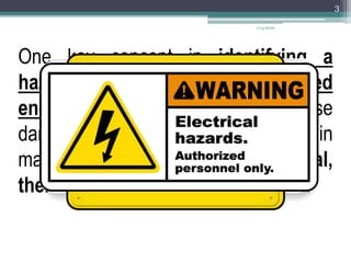 One key concept in identifying a
hazard is the presence of stored
energy that, when released, can cause
damage. Stored energy can occur in
many forms: chemical, mechanical,
thermal, radioactive, electrical, etc.
1/14/2020
3
 