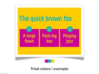 The quick brown fox
Pack my
box
A large
fawn
Playing
jazz
Triad colors | example
1 2 3
 