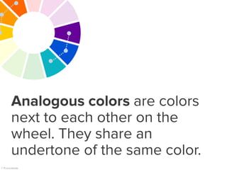 Analogous colors are colors
next to each other on the
wheel. They share an
undertone of the same color.
 