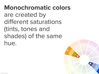 Monochromatic colors
are created by
different saturations
(tints, tones and
shades) of the same
hue.
 