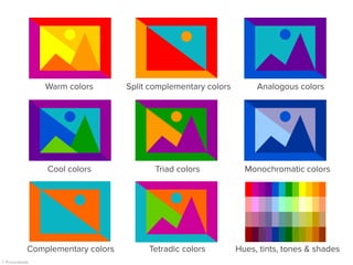 Cool colors
Split complementary colors
Triad colors
Tetradic colors
Analogous colors
Monochromatic colors
Complementary colors
Warm colors
Hues, tints, tones & shades
 