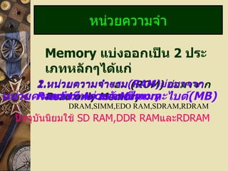 หน่วยความจำา

       Memory แบ่งออกเป็น 2 ประ
       เภทหลักๆได้แก่
      2.หน่วยความจำาแรม(RAM)ย่อมาจาก
      1.หน่         รอม (ROM) ย่อมาจาก
หน่วยความจำามีหน่วยวัดเป็นเมกะไบต์(MB)
      Random Access Memory
        Read only Memory
            DRAM,SIMM,EDO RAM,SDRAM,RDRAM
  ปัจจุบันนิยมใช้ SD RAM,DDR RAMและRDRAM
 