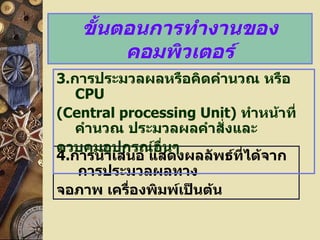 ขั้นตอนการทำางานของ
        คอมพิวเตอร์
3.การประมวลผลหรือคิดคำานวณ หรือ
   CPU
(Central processing Unit) ทำาหน้าที่
   คำานวณ ประมวลผลคำาสั่งและ
ควบคุมอุปกรณ์อื่นๆ
4.การนำาเสนอ แสดงผลลัพธ์ทได้จาก
                          ี่
   การประมวลผลทาง
จอภาพ เครื่องพิมพ์เป็นต้น
 