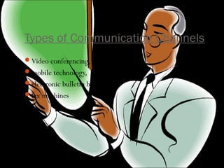 Types of Communication Channels
Video conferencing,
mobile technology,
electronic bulletin boards and
fax machines
 