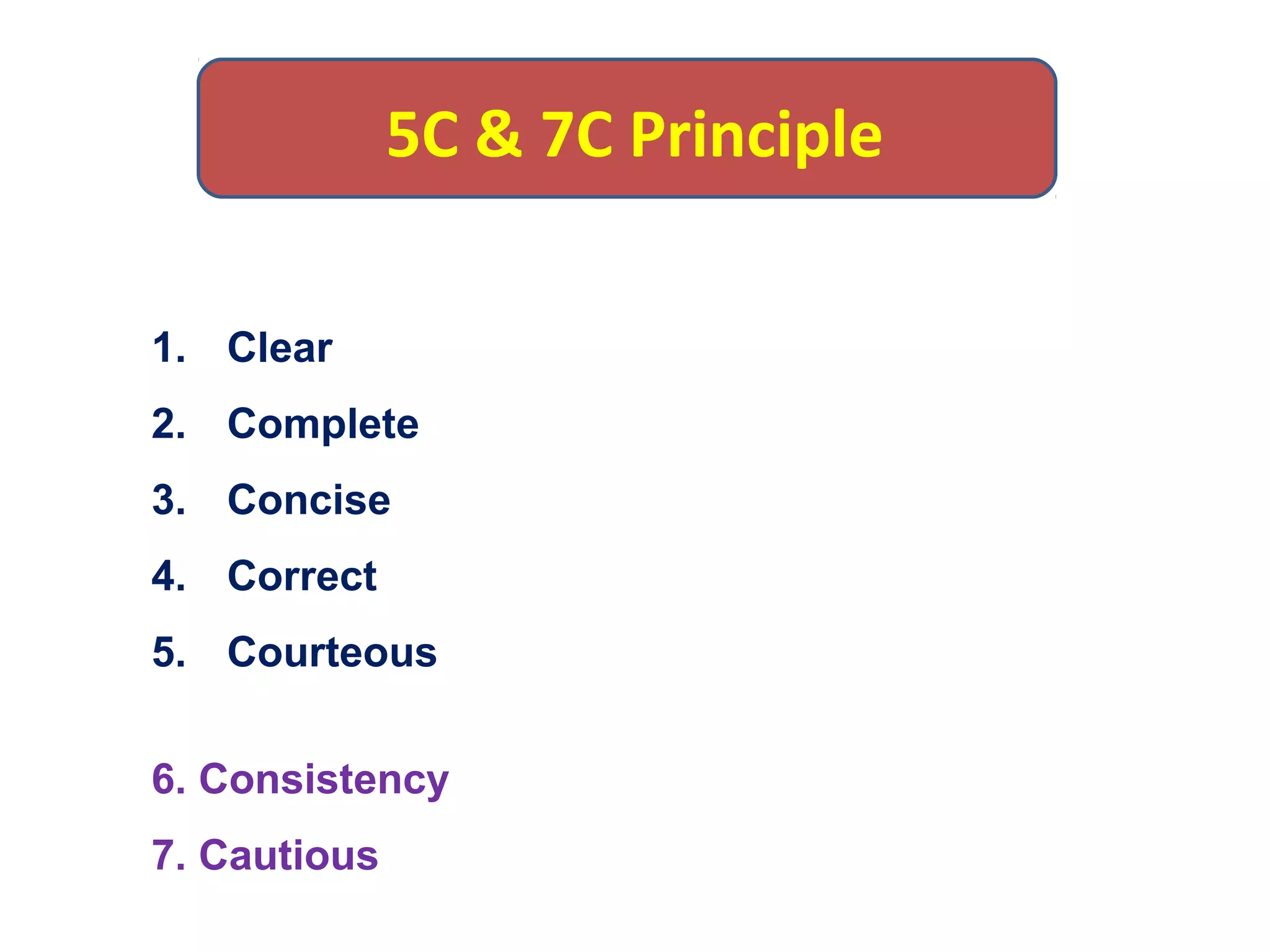 1. Clear
2. Complete
3. Concise
4. Correct
5. Courteous
6. Consistency
7. Cautious
5C & 7C Principle
 