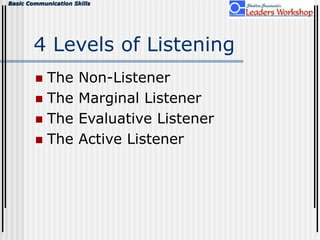 Basic Communication Skills
4 Levels of Listening
 The Non-Listener
 The Marginal Listener
 The Evaluative Listener
 The Active Listener
 