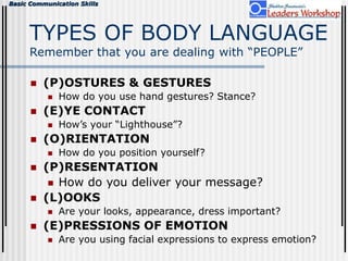 Basic Communication Skills
TYPES OF BODY LANGUAGE
Remember that you are dealing with “PEOPLE”
 (P)OSTURES & GESTURES
 How do you use hand gestures? Stance?
 (E)YE CONTACT
 How’s your “Lighthouse”?
 (O)RIENTATION
 How do you position yourself?
 (P)RESENTATION
 How do you deliver your message?
 (L)OOKS
 Are your looks, appearance, dress important?
 (E)PRESSIONS OF EMOTION
 Are you using facial expressions to express emotion?
 
