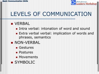 Basic Communication Skills
LEVELS OF COMMUNICATION
 VERBAL
 Intra verbal: intonation of word and sound
 Extra verbal verbal: implication of words and
phrases, semantics
 NON-VERBAL
 Gestures
 Postures
 Movements
 SYMBOLIC
 