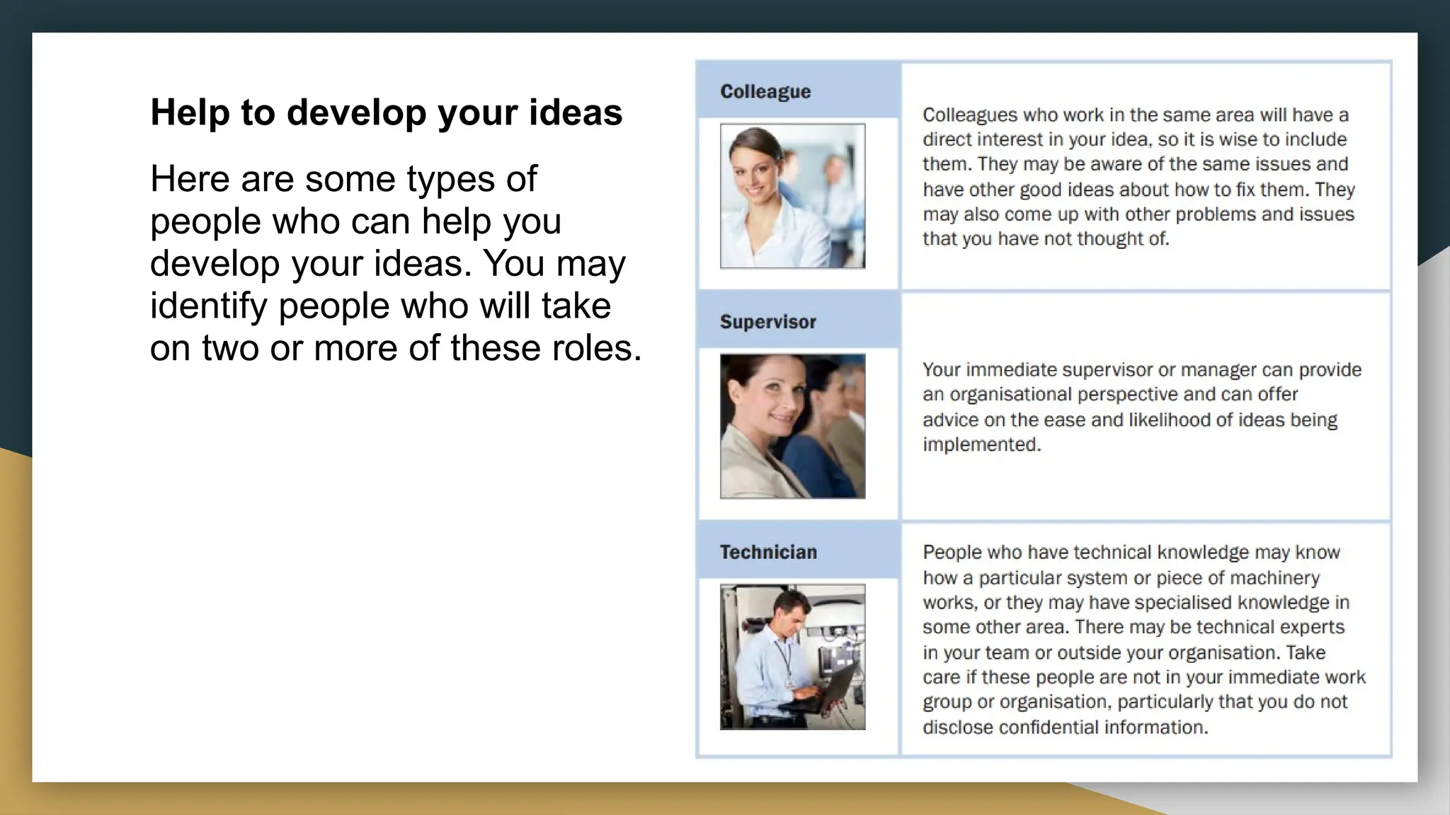 Help to develop your ideas
Here are some types of
people who can help you
develop your ideas. You may
identify people who will take
on two or more of these roles.
 