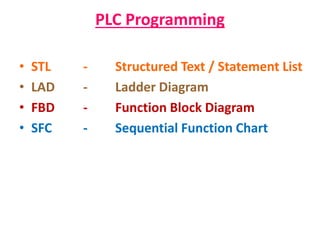 PLC Programming
• STL - Structured Text / Statement List
• LAD - Ladder Diagram
• FBD - Function Block Diagram
• SFC - Sequential Function Chart
 