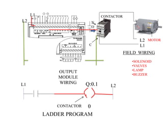 N.
O
C
L2
L1
L2
OUTPUT
MODULE
WIRING
MOTOR
CONTACTOR
Q:0.1
0
CONTACTOR
LADDER PROGRAM
L1 L2
FIELD WIRING
•SOLENOID
•VALVES
•LAMP
•BUZZER
L1
 