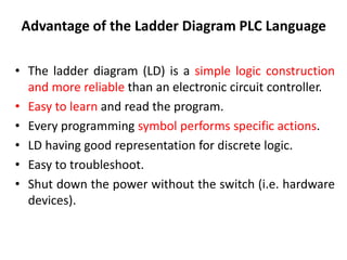 Advantage of the Ladder Diagram PLC Language
• The ladder diagram (LD) is a simple logic construction
and more reliable than an electronic circuit controller.
• Easy to learn and read the program.
• Every programming symbol performs specific actions.
• LD having good representation for discrete logic.
• Easy to troubleshoot.
• Shut down the power without the switch (i.e. hardware
devices).
 