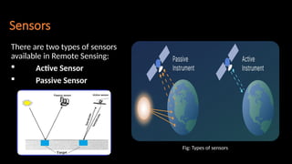 Sensors
There are two types of sensors
available in Remote Sensing:
 Active Sensor
 Passive Sensor
Fig: Types of sensors
 
