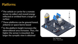 Platforms
The vehicle or carrier for a remote
sensor to collect and record energy
reflected or emitted from a target or
surface
These platforms can be ground-based,
airborne or space-borne based
As the platform height increases the
observational area increases. Thus, the
higher the sensor is mounted; the
larger the synoptic view is obtained
Fig: Platforms
Source : AI generated
 