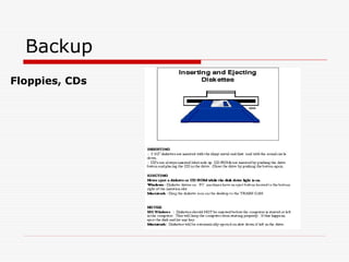 Backup
Floppies, CDs
 