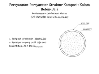 Persyaratan-Persyaratan Struktur Komposit Kolom
Beton-Baja
Pembatasan – pembatasan khusus
(SNI 1729:2015 pasal I2.1a dan I2.2a)
1. Komposit terisi beton (pasal I2.2a)
a. Syarat penampang profil baja (As):
Luas inti baja, As ≥ 1% x Acomposite
 