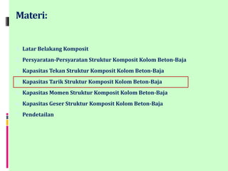 Materi:
1. Latar Belakang Komposit
2. Persyaratan-Persyaratan Struktur Komposit Kolom Beton-Baja
3. Kapasitas Tekan Struktur Komposit Kolom Beton-Baja
4. Kapasitas Tarik Struktur Komposit Kolom Beton-Baja
5. Kapasitas Momen Struktur Komposit Kolom Beton-Baja
6. Kapasitas Geser Struktur Komposit Kolom Beton-Baja
7. Pendetailan
 